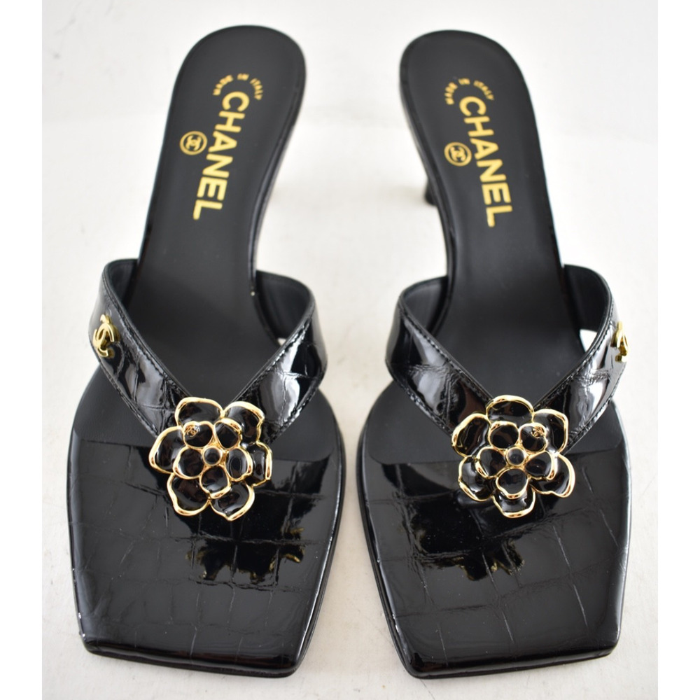 Chanel 26A Black Crocodile Croc CC Flower Backless Mule Heel Thong Sandal 37 - Picture 4 of 16
